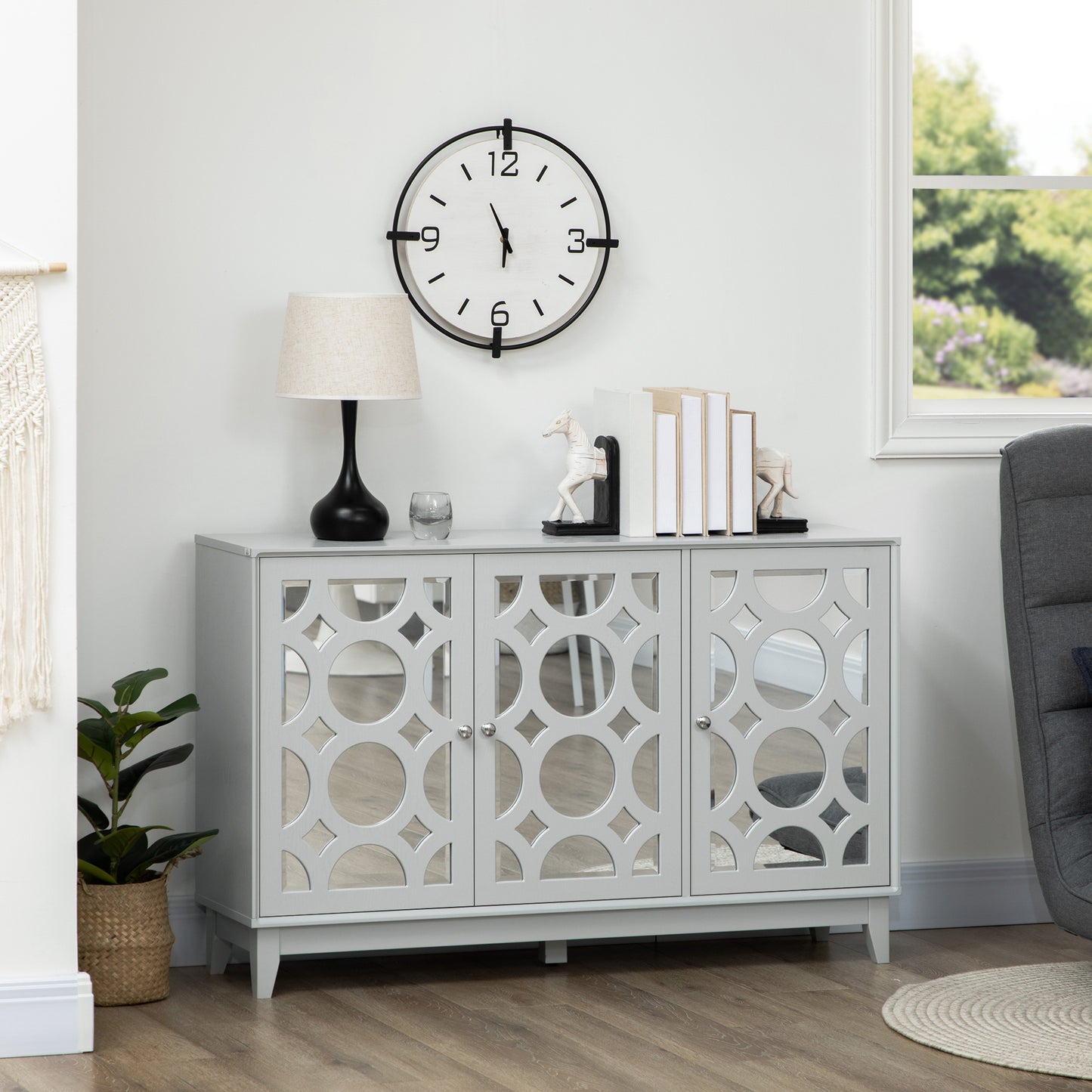 Sideboard Buffet with 3 Mirrored Doors, 2 Cabinets and Adjustable Shelf, Gray