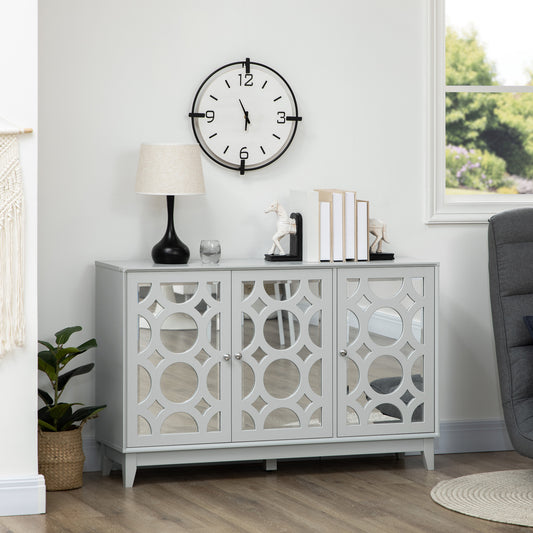 Sideboard Buffet with 3 Mirrored Doors, 2 Cabinets and Adjustable Shelf, Gray