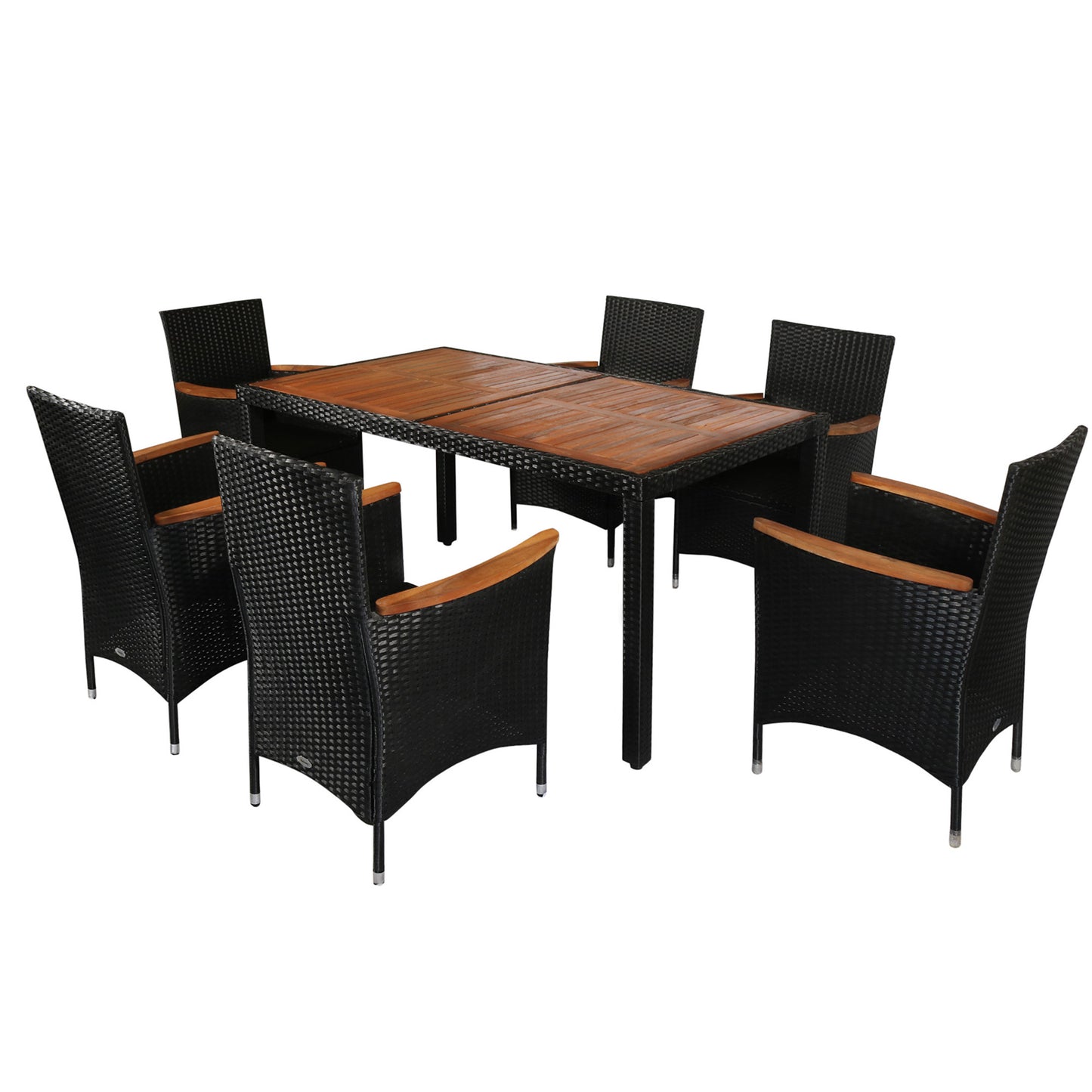 Outsunny 7 Piece Patio Wicker Dining Set w/Acacia Wood Table Top & Soft Oushion Grey