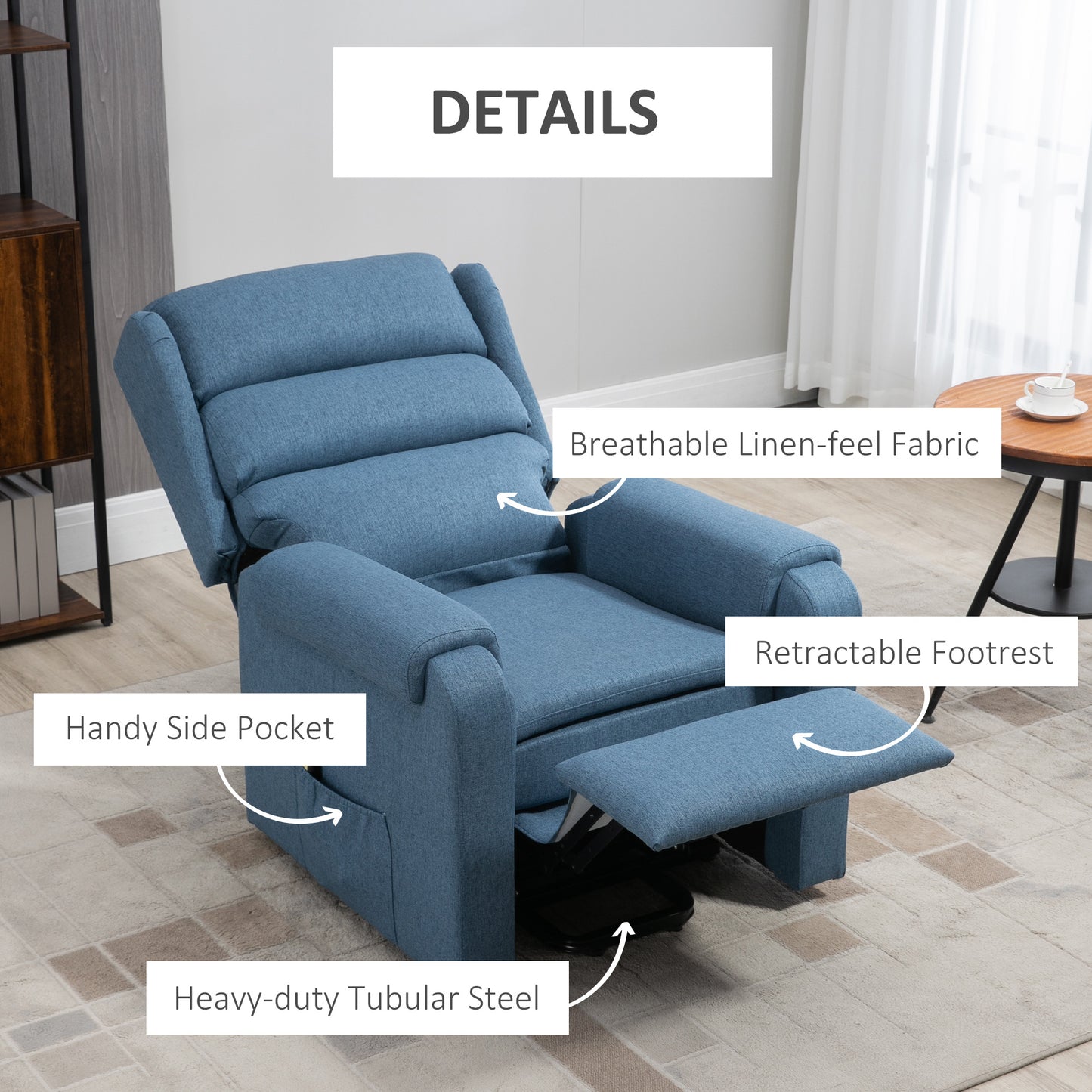 Electric Power Lift Recliner Chair for Elderly with Remote Control and Footrest, Linen Fabric Reclining Chair for Living Room, Blue