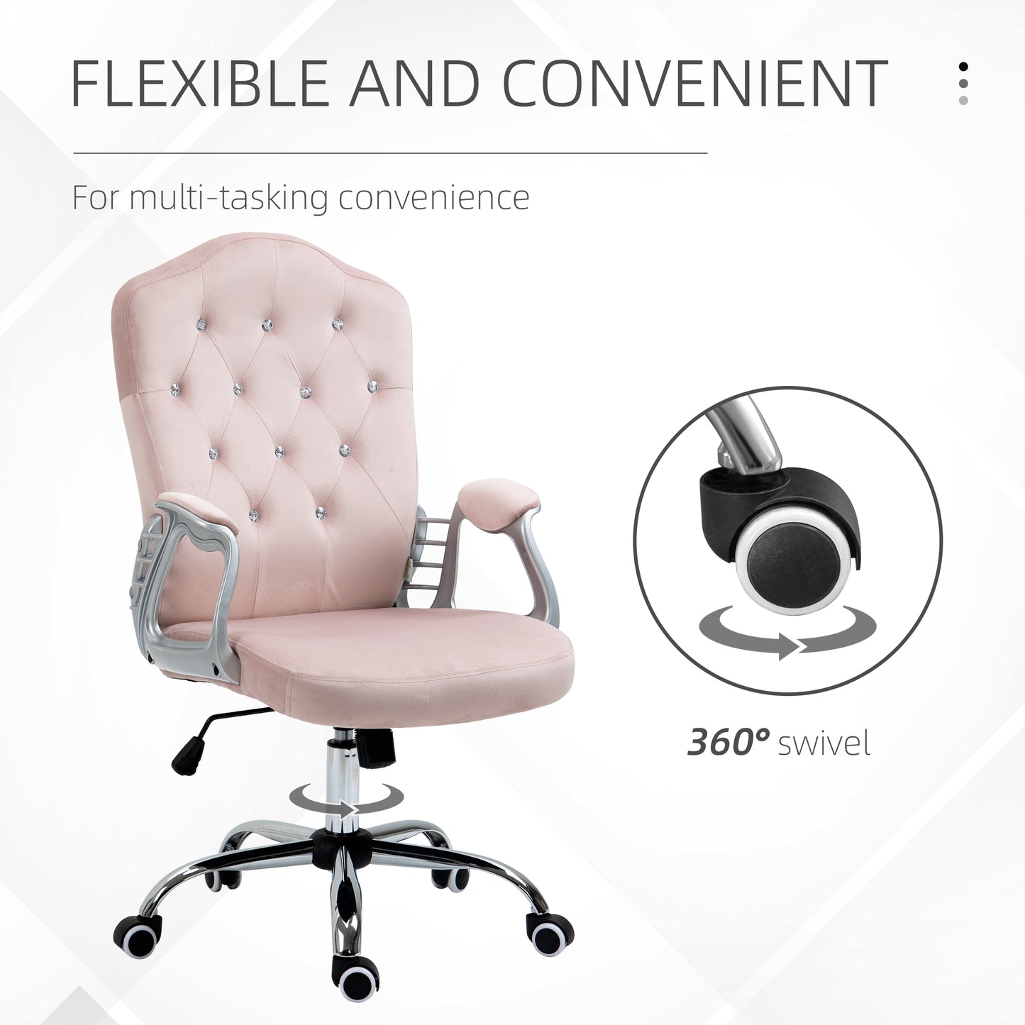 Vinsetto Home Office Chair, Velvet Computer Chair, Button Tufted Desk Chair with Swivel Wheels, Adjustable Height, Tilt Function, Pink