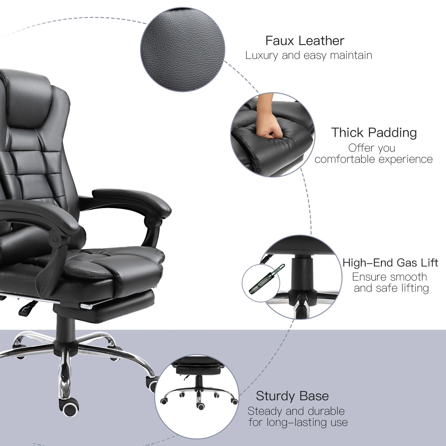 Ergonomic Executive Office Chair High Back PU Leather Reclining Chair with Retractable Footrest Lumbar Support Padded Headrest Armrest Black