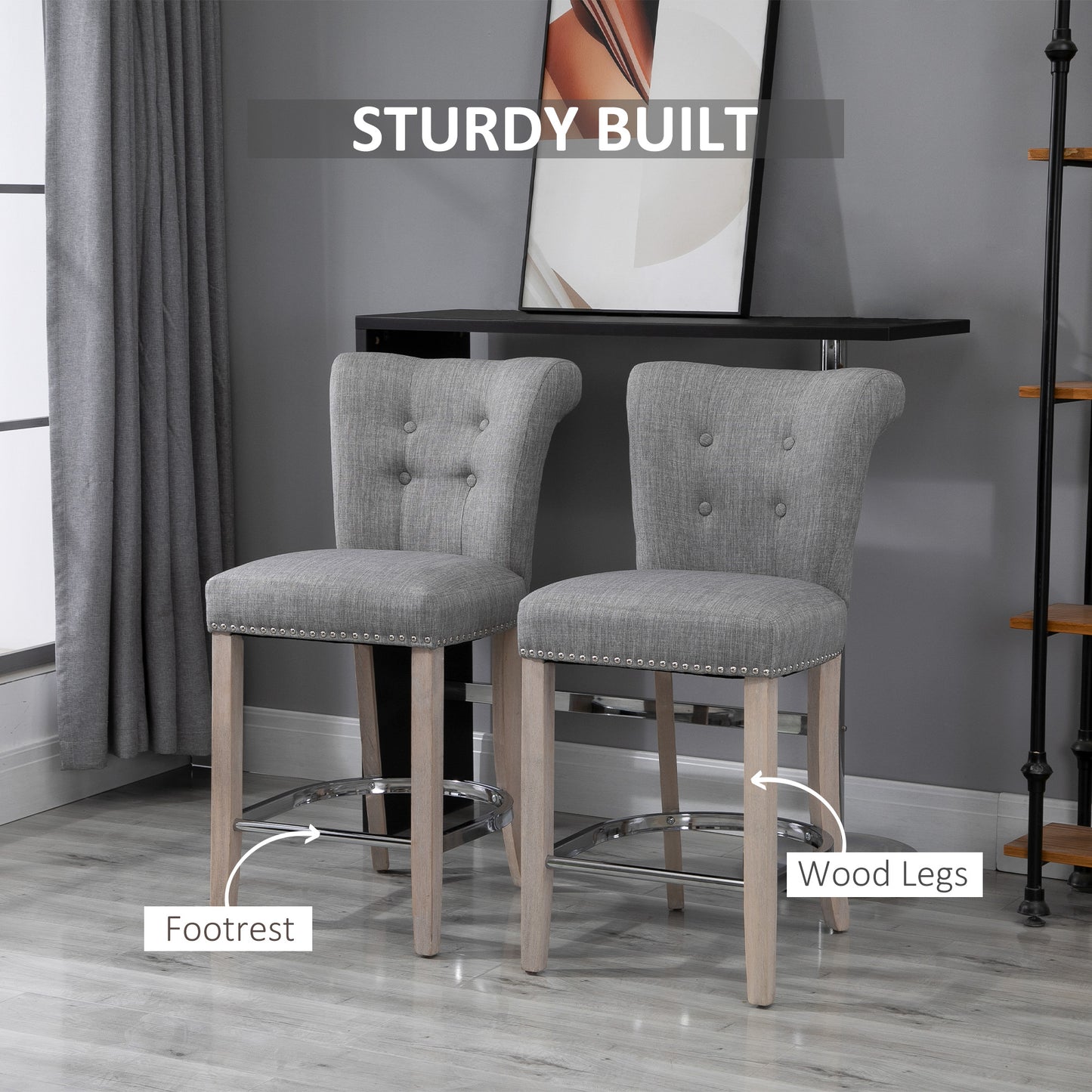 Linen Bar Stools Set of 2, Dining Chair with Footrest and Solid Wood Leg, Grey