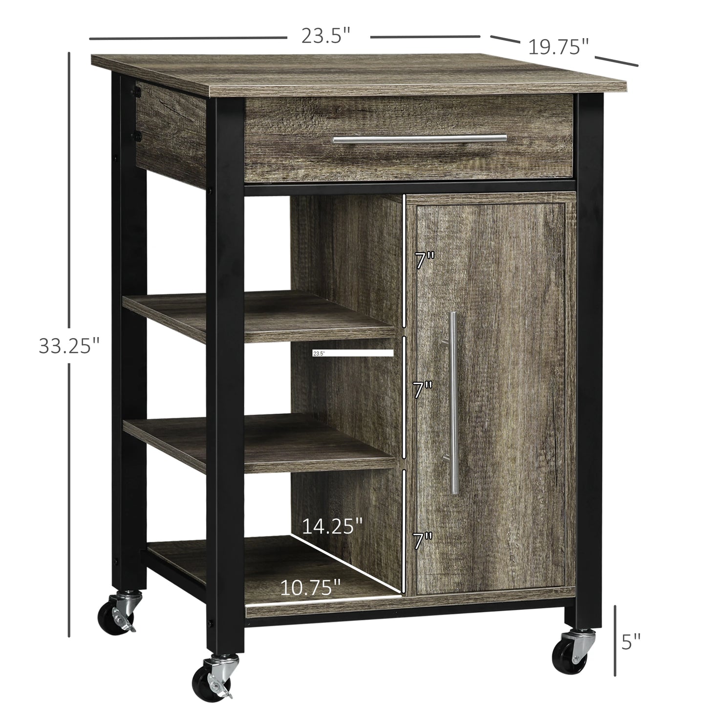 Kitchen Trolley Utility Cart on Wheels with Storage Shelves & Drawer for Dining Room, Dark Oak