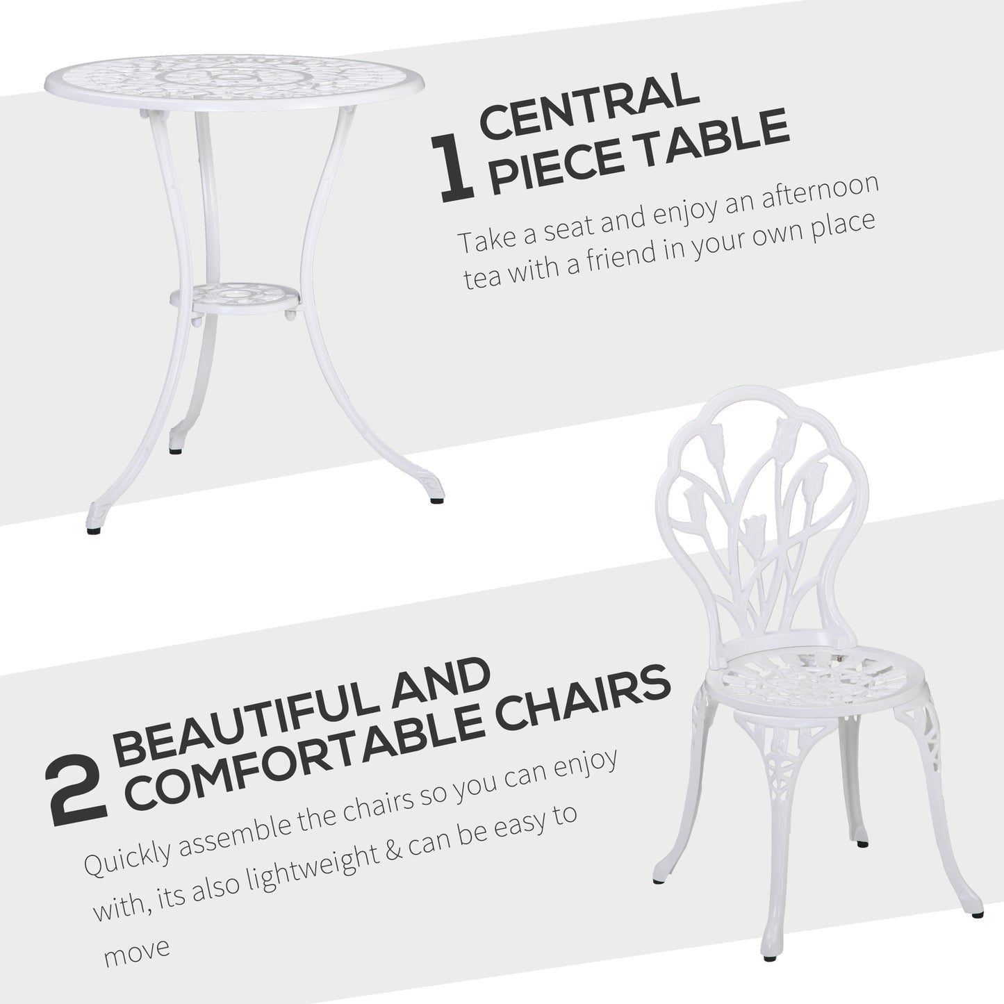 Outsunny 3PCs Patio Bistro Set, Outdoor Cast Aluminum Garden Table and Chairs with Umbrella Hole for Balcony, White