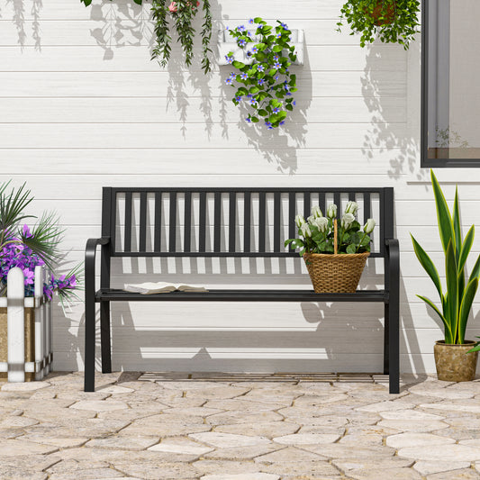 Outsunny 50" Steel Garden Bench Patio Metal Backyard Park Chair Outdoor Seat Furniture Black