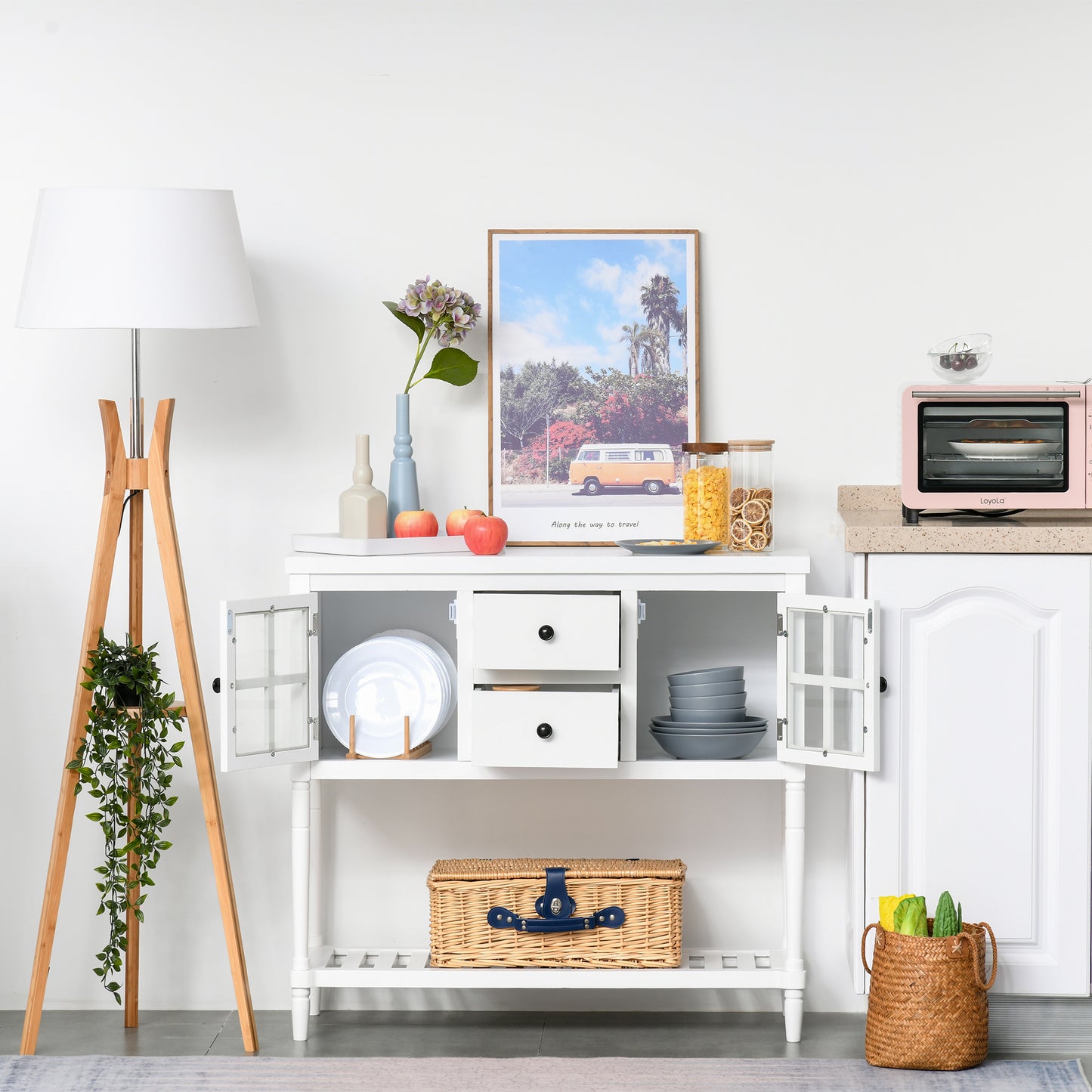 Modern Sideboard Buffet Cabinet, Kitchen Storage Cabinet with 2 Drawers, Bottom Shelf, Glass Doors for Living Room, Hallway, White