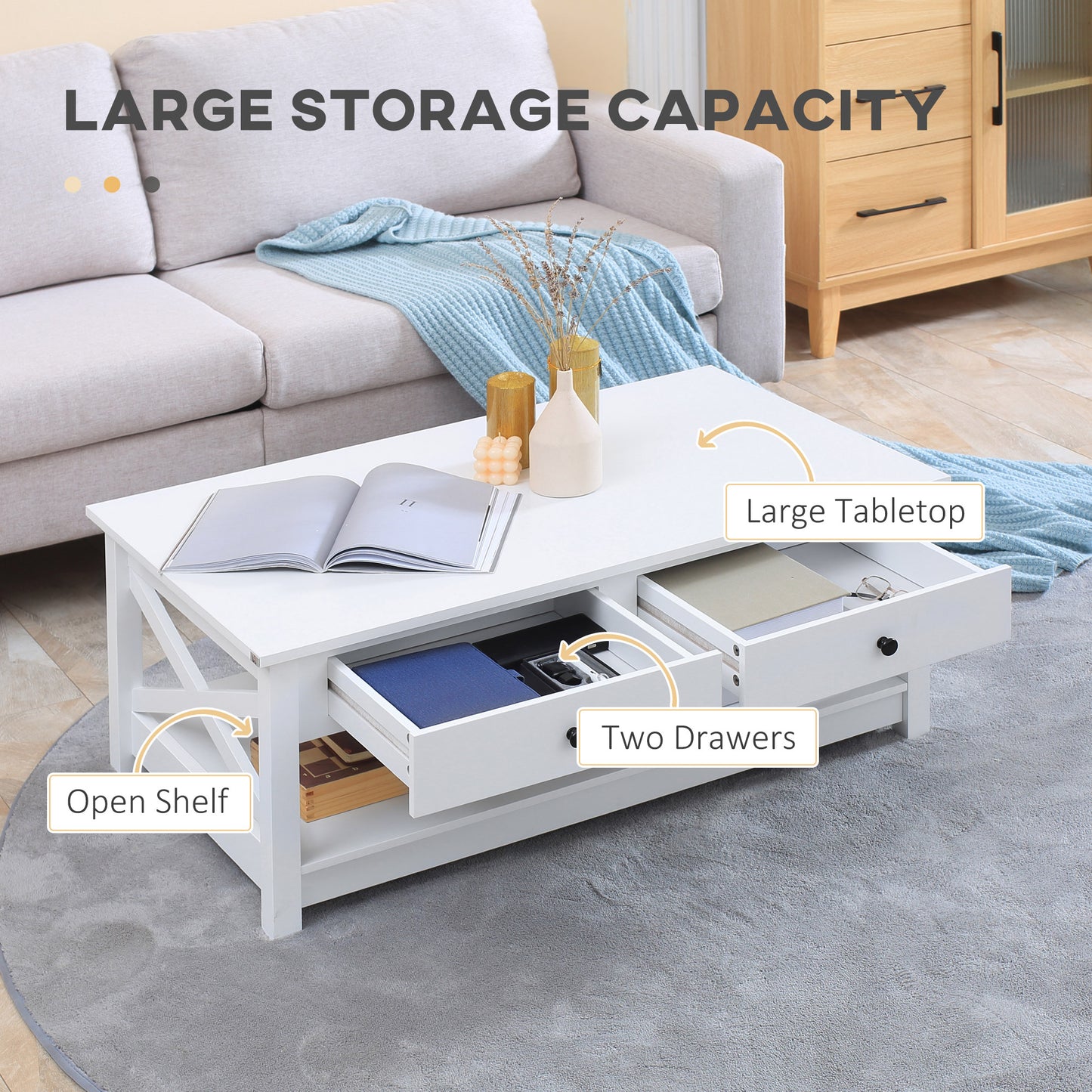 Coffee Table with Storage Drawers and Open Shelf, Modern Centre Table for Living Room, White