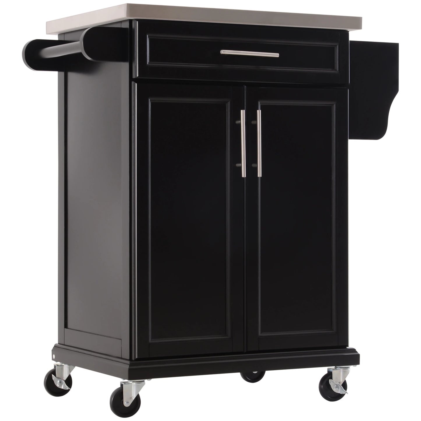 Multi-Use Rolling Kitchen Island Utility Cart Wood Cart and Stainless Steel Table Top On Wheels, Black