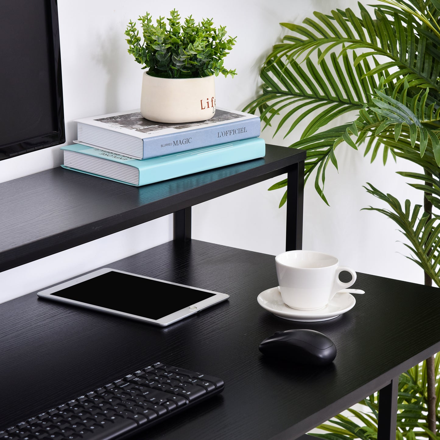 Computer Desk with Shelves and CPU Stand, Home Office Desk Workstation with Adjustable Feet, Black Wood Grain