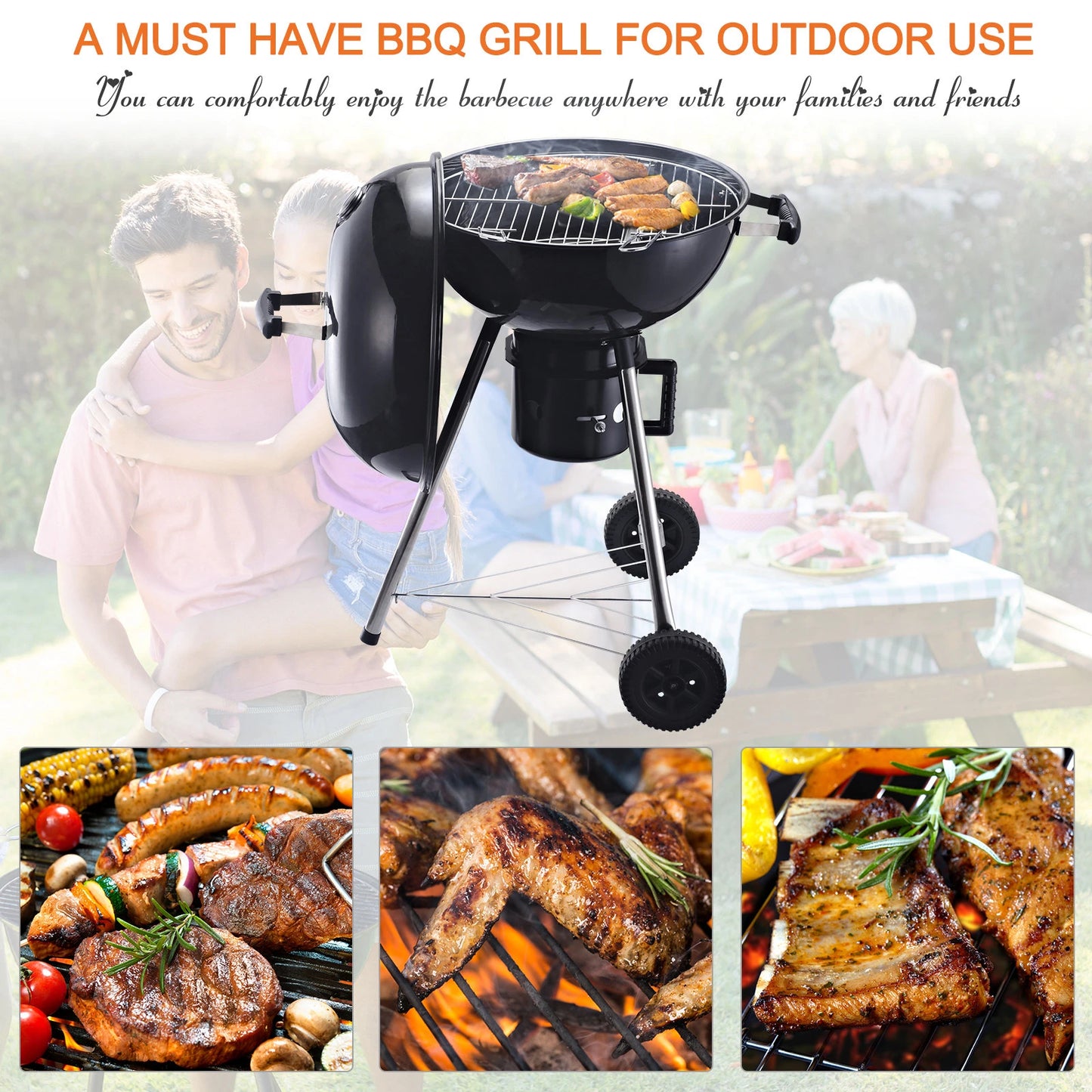 Outsunny Charcoal BBQ Grill Portable Outdoor Camp Picnic Barbecue w/ Wheels and Storage Shelves