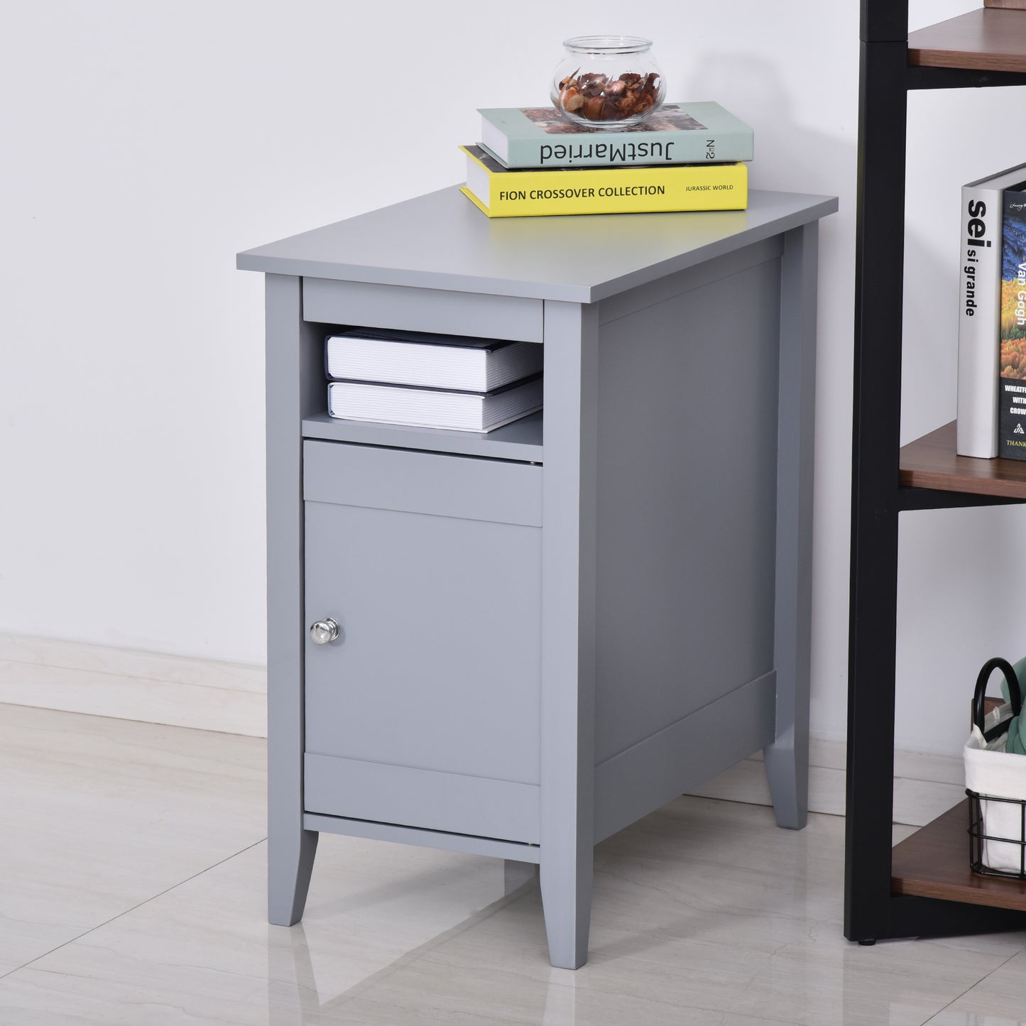 Wooden3-Tier Modern Nightstand with Pullout Shelf, Adjustable Open Shelf, and Door Cabinet, Grey