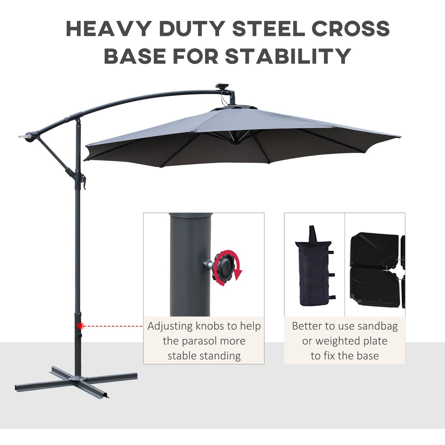 Outsunny 10ft Cantilever Solar Hanging Offset Umbrella LED Lights Market Parasol Crank w/Cross Base Grey