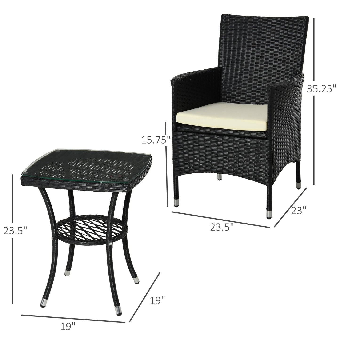 Outsunny 3 Pieces Patio Bistro Set, Outdoor PE Rattan Porch Furniture with Two Armchairs, Glass Top Coffee Table, Black