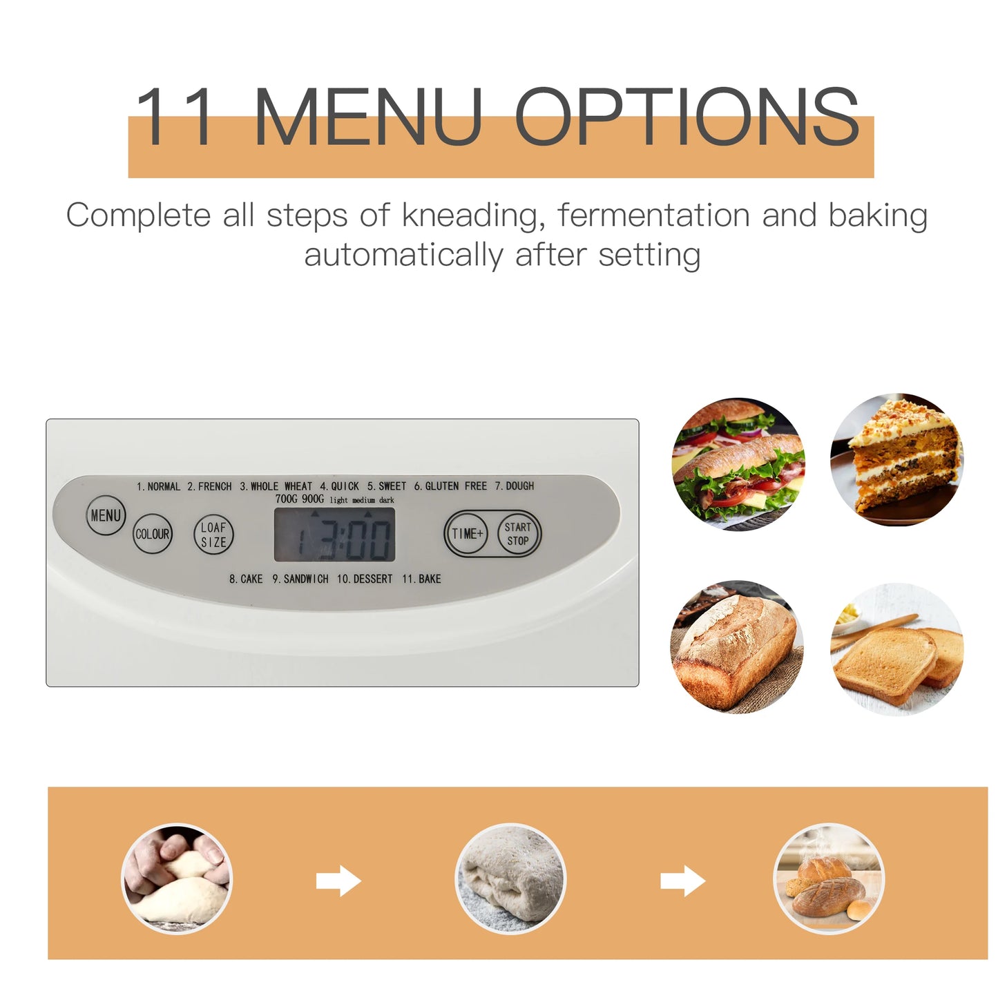 2 Pound Non-Stick Bread Maker Machine With 11 Menu Settings, 2 Loaf Sizes, 3 Crust Colors, 13h Delay Timer, 1h Warming Function, 550W