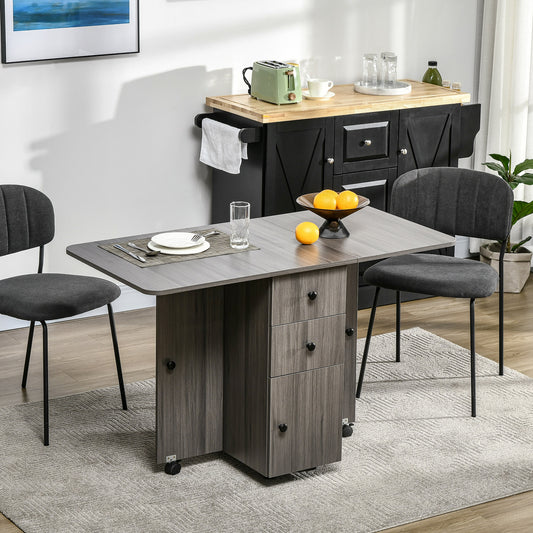 Foldable Dining Table, Rolling Kitchen Table With Storage Drawers and Cabinet, Drop Leaf Table on Wheels, Grey