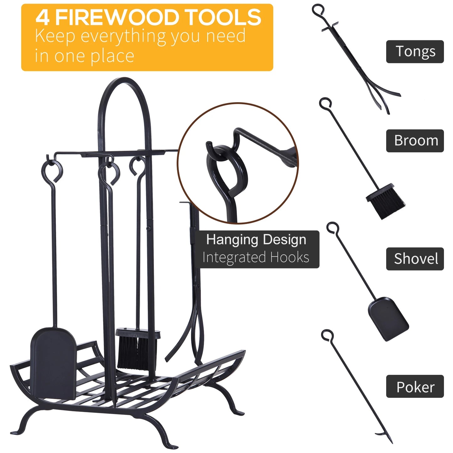 Indoor Outdoor Firewood Rack with 4 Tools, elevated base Steel Power Coated Construction Fire Wood Storage Stacking Set, Black