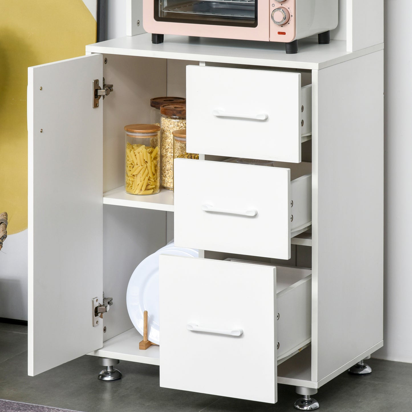 Modern Kitchen Cupboard with Storage Cabinet Hutch, 2 Cabinets, 3 Drawers and Open Countertop, White