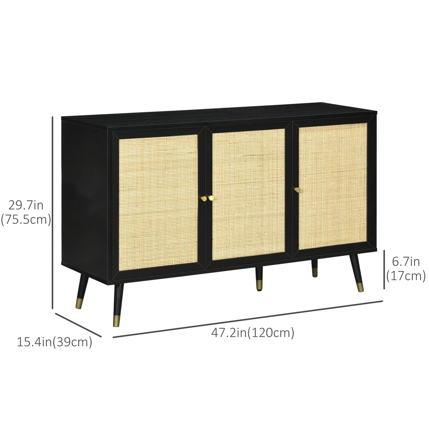 Natural Kitchen Sideboard, Rattan Door Buffet Cabinet with Storage Shelves and Wood Legs for Living Room, Study, Hallway, Black