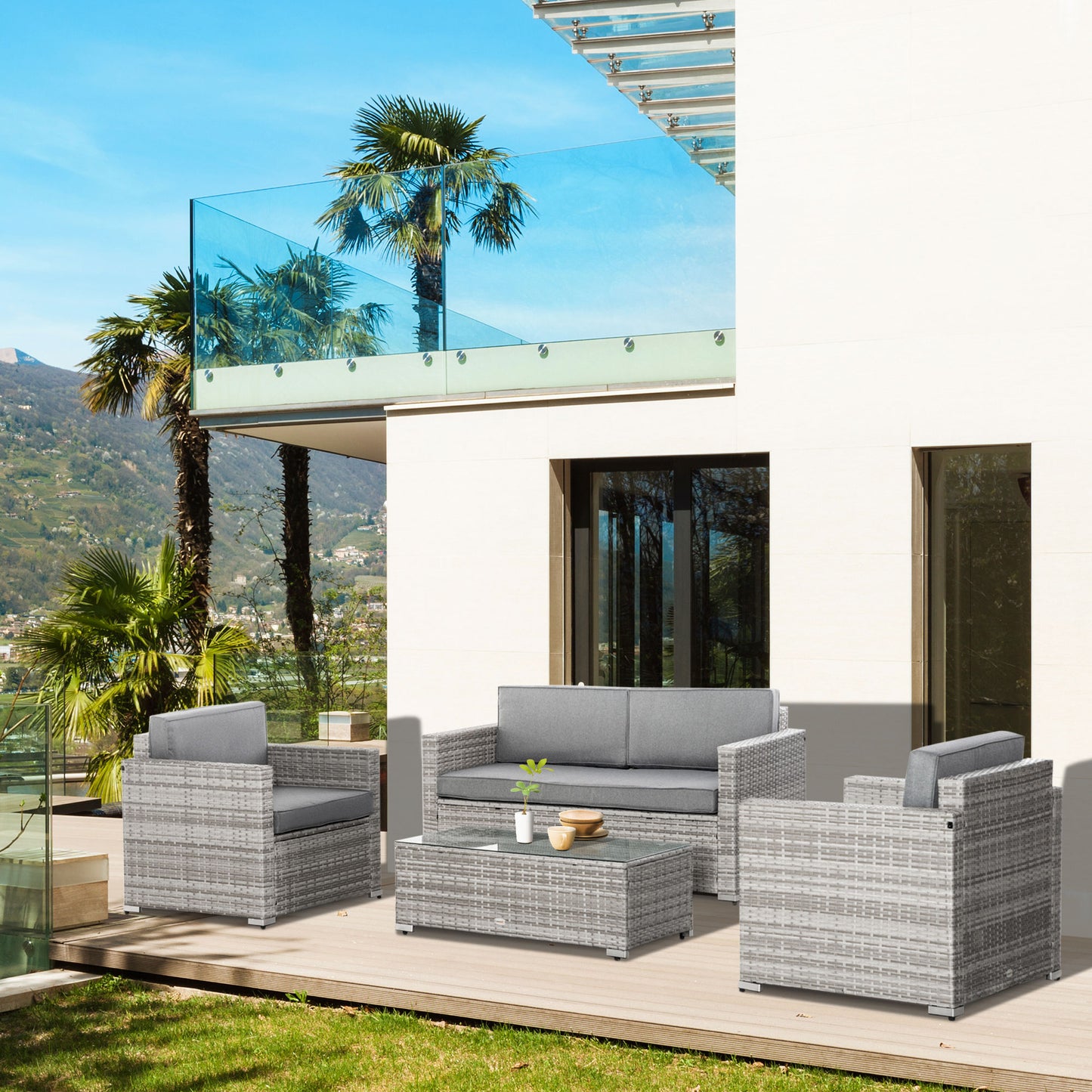 Outsunny 4 Pieces Patio Wicker Sofa Set, Outdoor PE Rattan Extra Wide Seat Conversation Furniture w/ Tempered Glass Table-top & Thick Padded Cushion for Garden, Backyard, Lawn, Mixed Grey