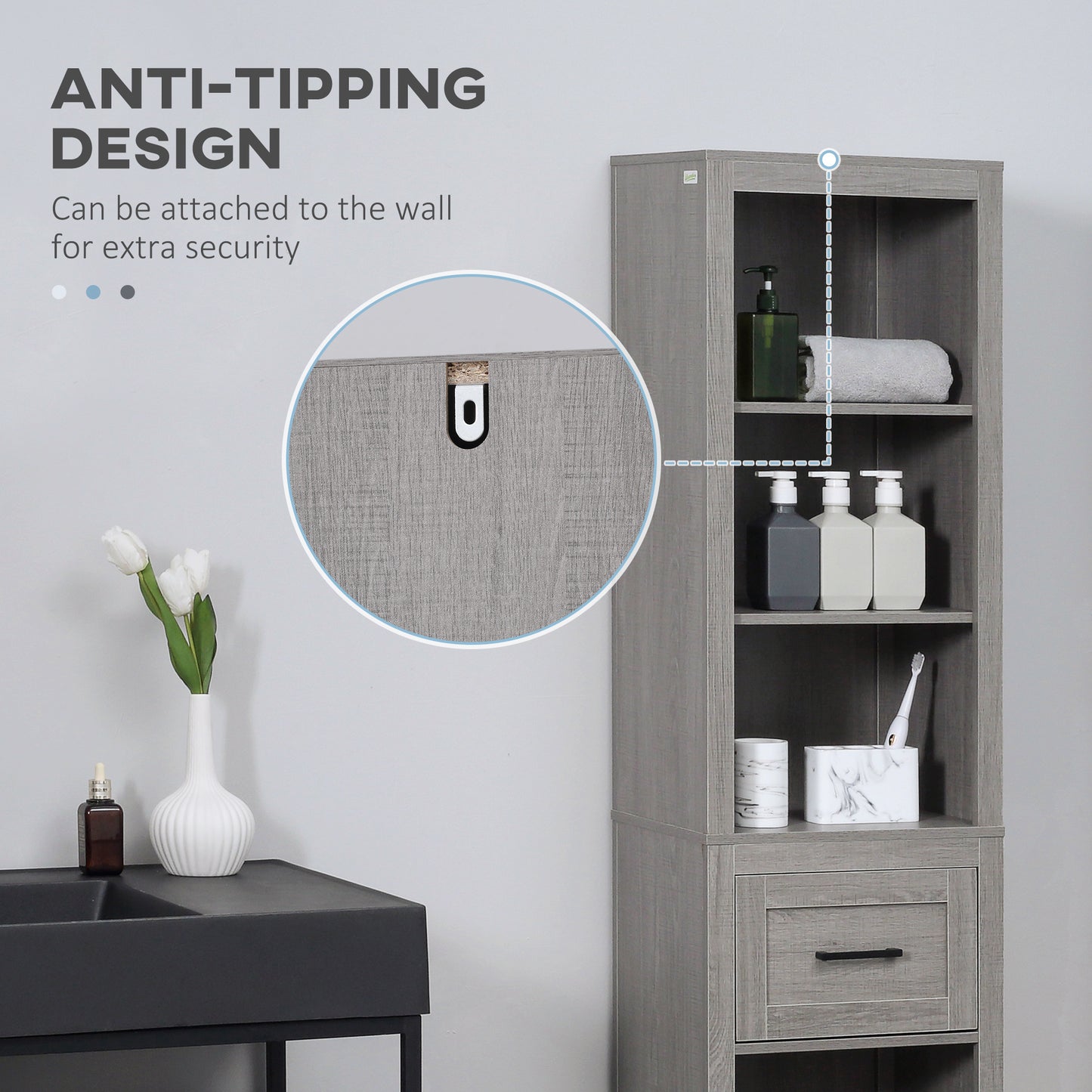 Narrow Bathroom Storage Cabinet with Drawer and 5 Tier Shelf, Tall Cupboard Freestanding Linen Towel, Grey