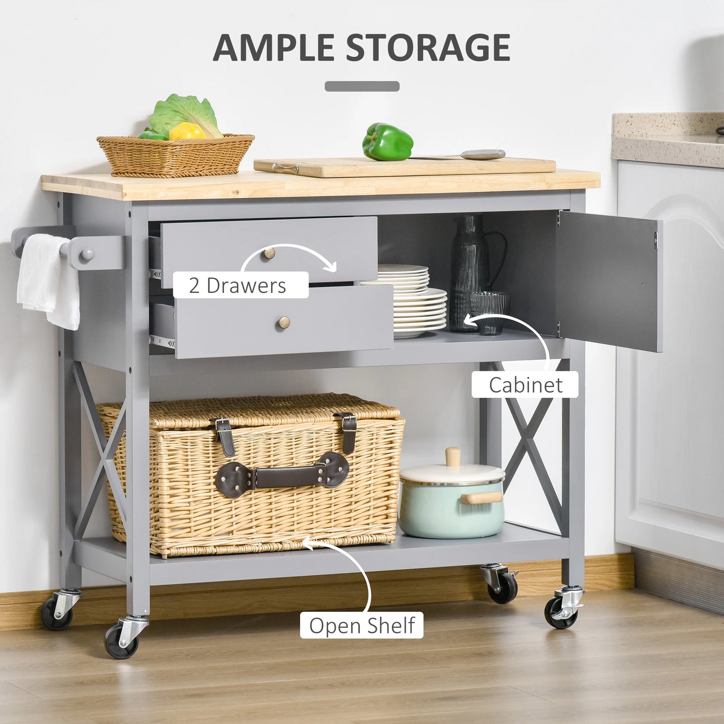 Utility Kitchen Cart Rolling Kitchen Island Storage Trolley with Rubberwood Top, 2 Drawers, Towel Rack, Grey