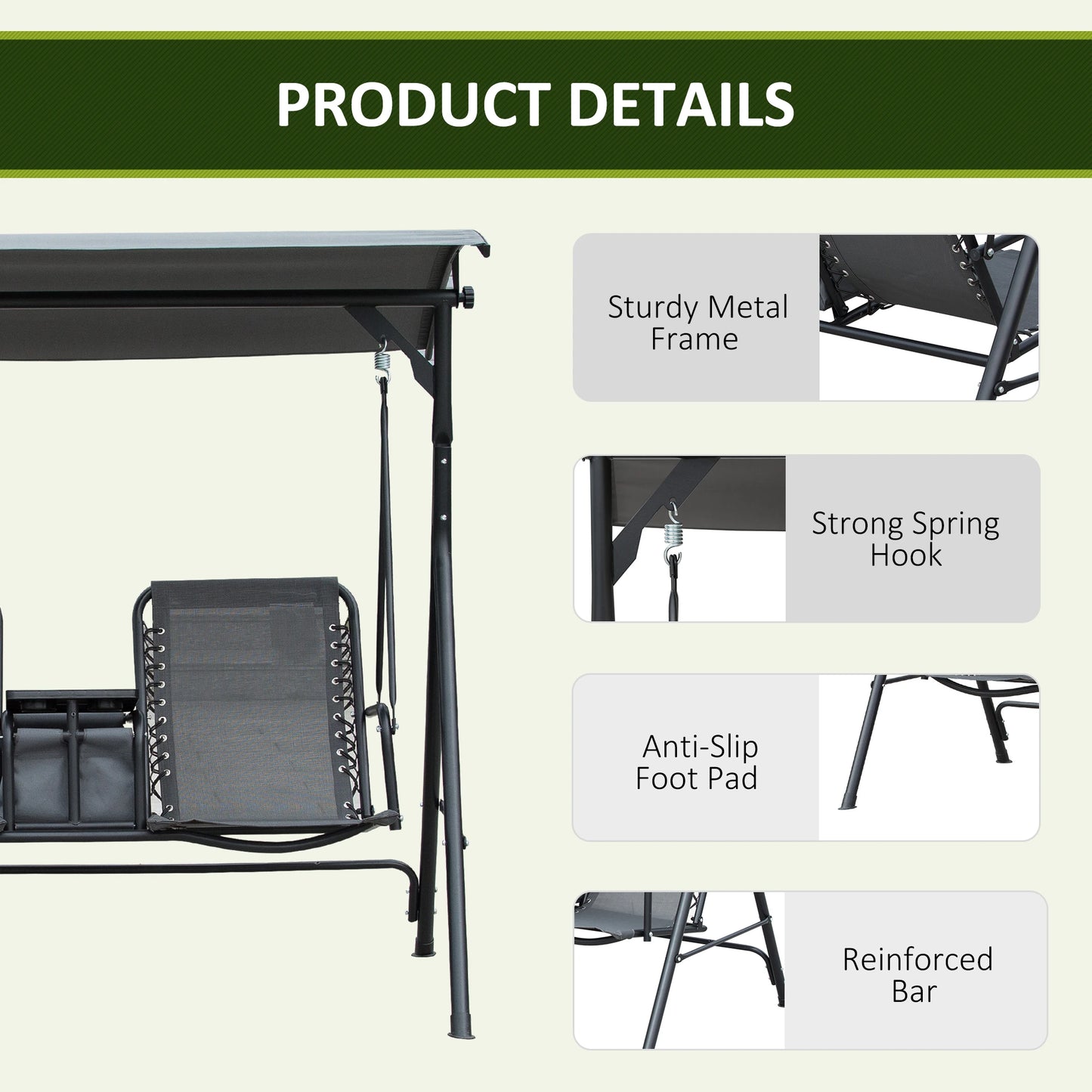 Outsunny 2 Person Covered Porch Swing with Pivot Storage Table, Cup Holder, & Adjustable Overhead Canopy, Grey