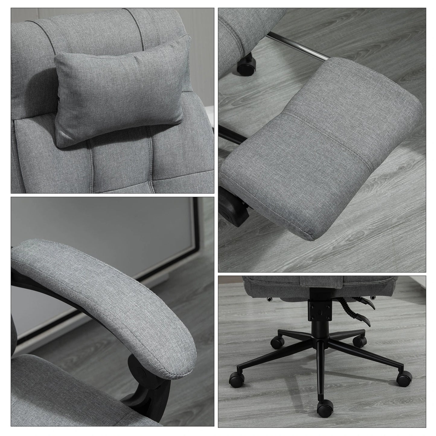 Executive Office Chair High Back Linen-Feel Fabric Swivel Chair with Upholstered Retractable Footrest, Headrest and Armrest, Light Grey