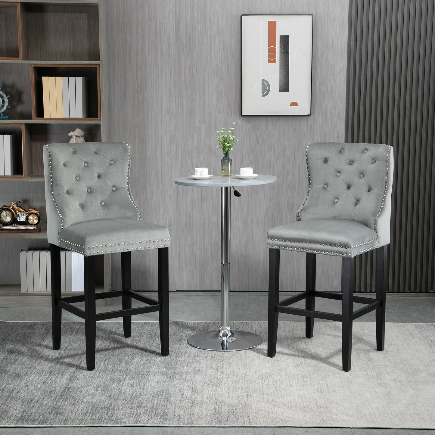 Upholstered Fabric Bar Stool Set of 2, Button Tufted 29.5" Seat Height Pub Chairs with Back & Wood Legs, Grey