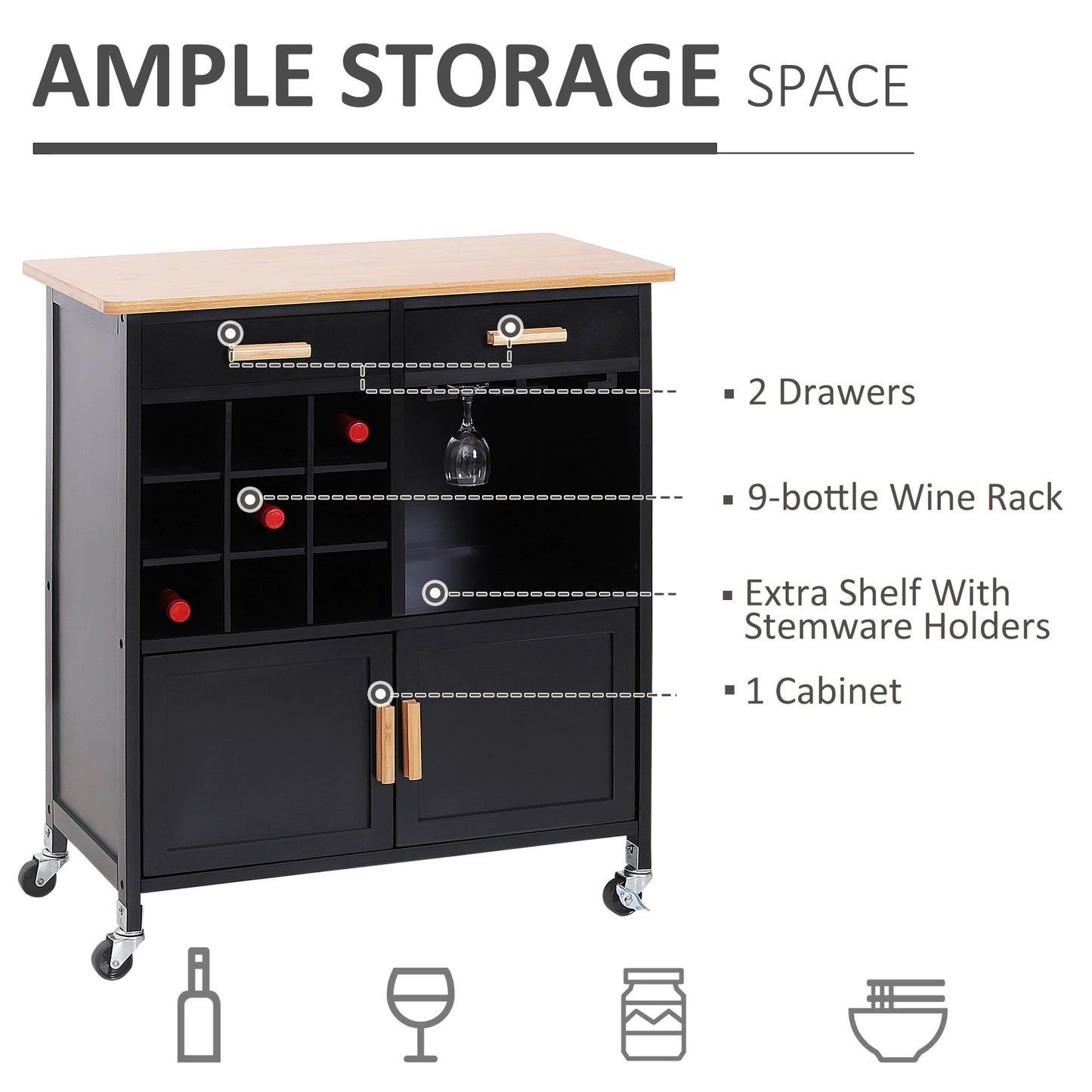 Portable Kitchen Trolley with Bamboo Top Storage Cabinet and Wine Rack (Black )