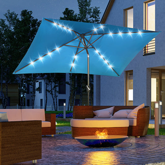 Outsunny 6.5x10ft Patio Umbrella Rectangle Solar Powered Tilt Aluminum Outdoor Market Parasol with LEDs Crank (Turquoise)