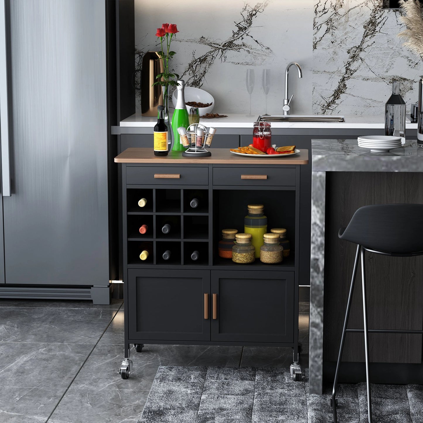 Portable Kitchen Trolley with Bamboo Top Storage Cabinet and Wine Rack (Black )