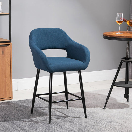 Modern Counter Height Barstools Linen Fabric Upholstered Chair with Footrest & Metal Legs,Blue