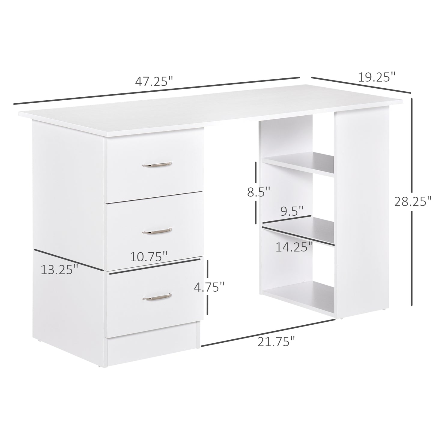 Computer Writing Desk Study Table Student Workstation w/ 3 Shelf & 3 Storage Drawers Home Office Furniture White