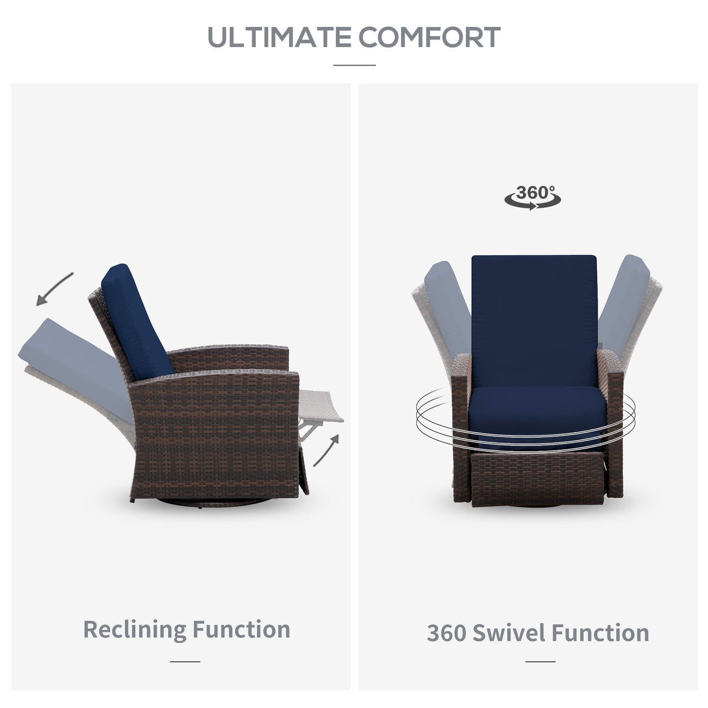 Rattan Recliner Sofa with 360° Swivel, Outdoor Wicker Lounge Chair with Footrest & Soft Cushion for Patio, Garden, Backyard, Dark Blue and Brown