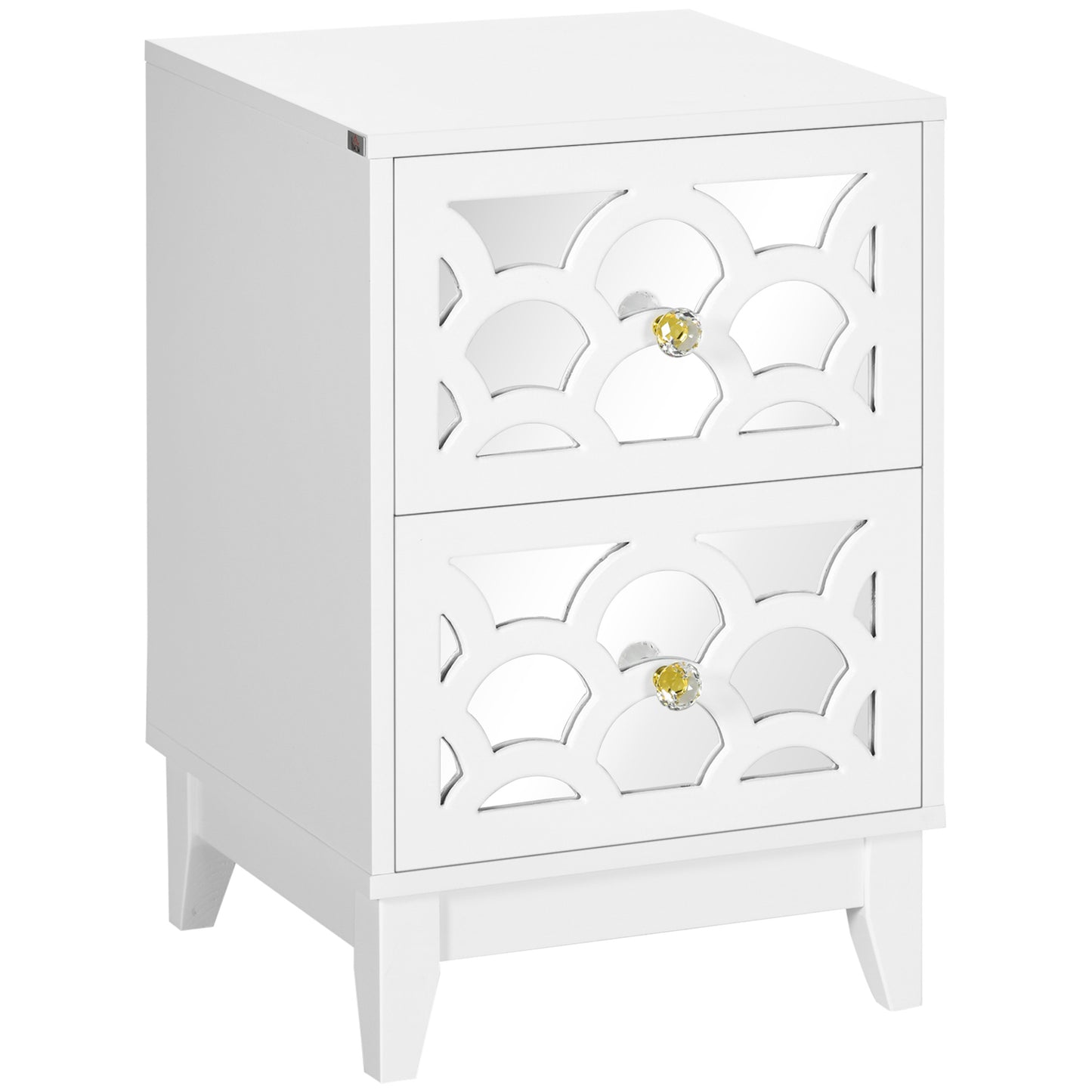 Modern Bedside Table, Side End Table with Drawers and Front Mirror, 15.4"x14.4"x23.6", White