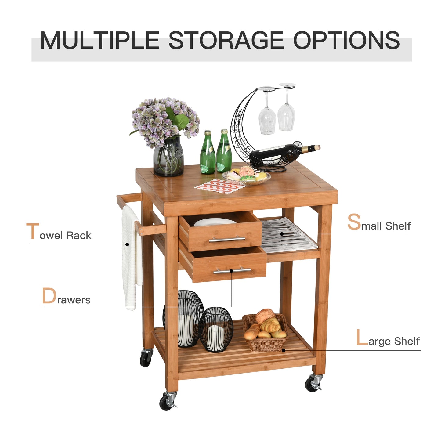 Bamboo Rolling Kitchen Island Trolley with Drawers & Shelves