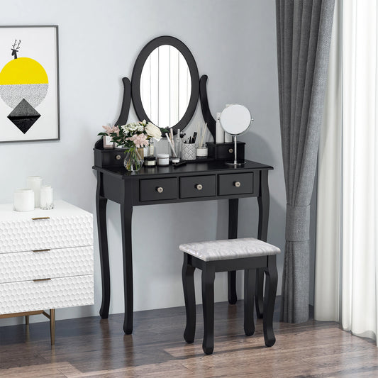 Wooden Vanity Table Set, Makeup Dressing Table with 360° Rotating, 5 Drawers and Padded Stool, Black