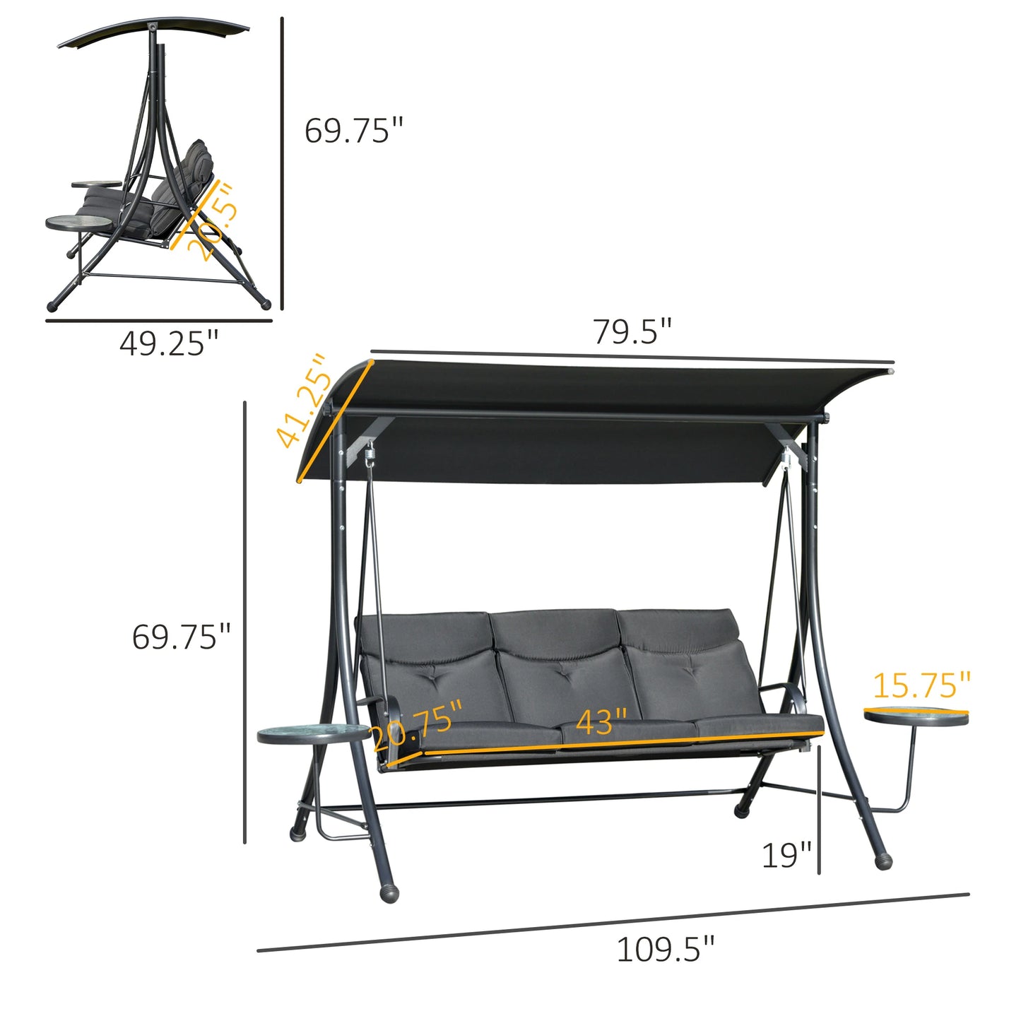 Outsunny 3 Seat Outdoor Swing Chair Steel Swing Bench Porch Swing With Adjustable Canopy & Coffee Tables & Cushion for Patio Garden, Black