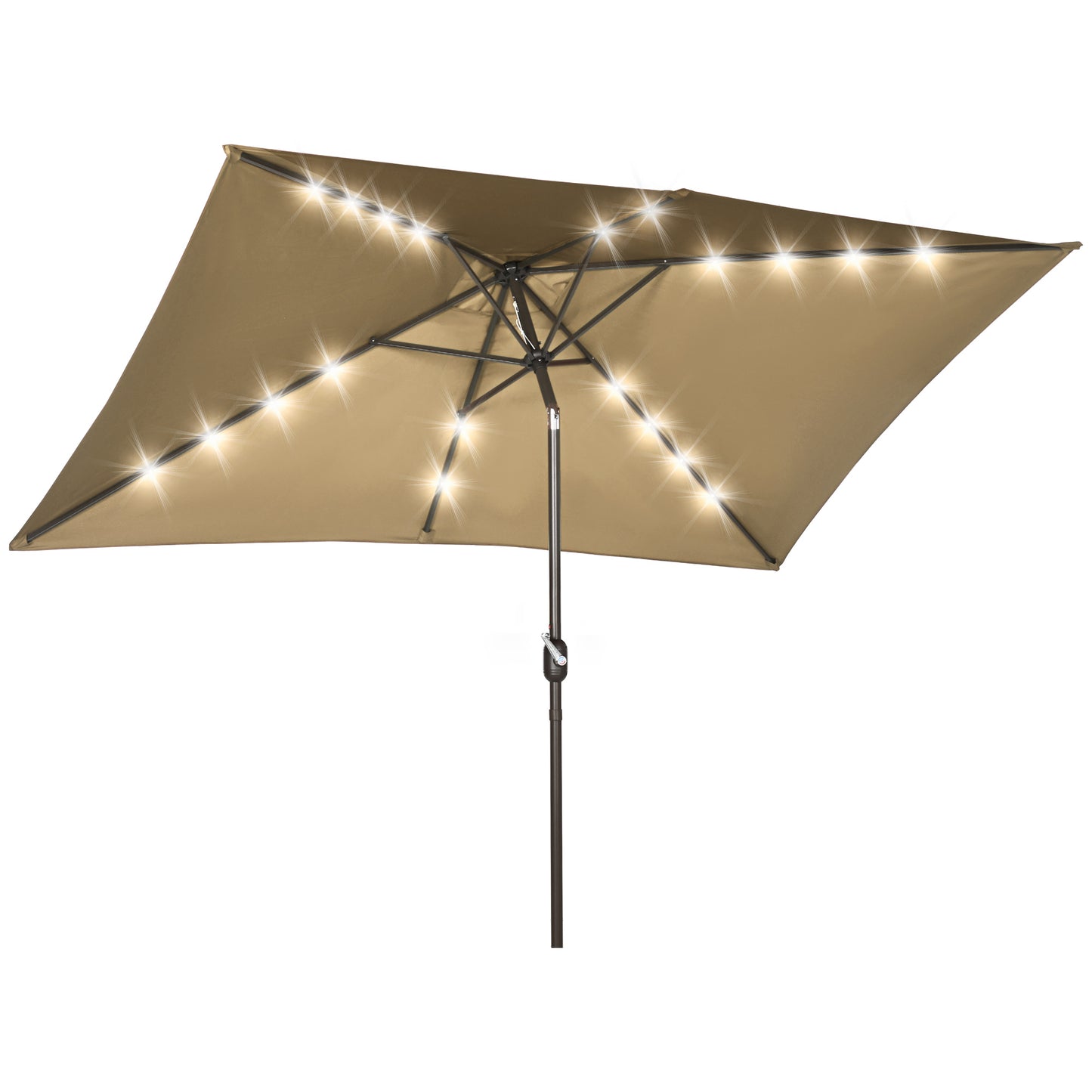 Outsunny 6.5x10ft Patio Umbrella Rectangle Solar Powered Tilt Aluminum Outdoor Market Parasol with LEDs Crank (Light Coffee)