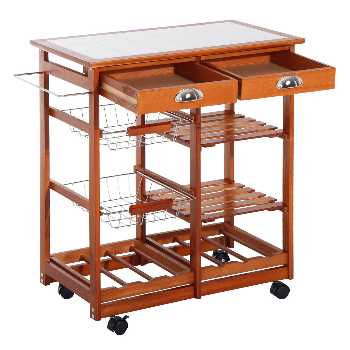 Rolling Kitchen Trolley Cart 4 Tier Storage Wooden Table Rack 2 Drawers Baskets Countertop