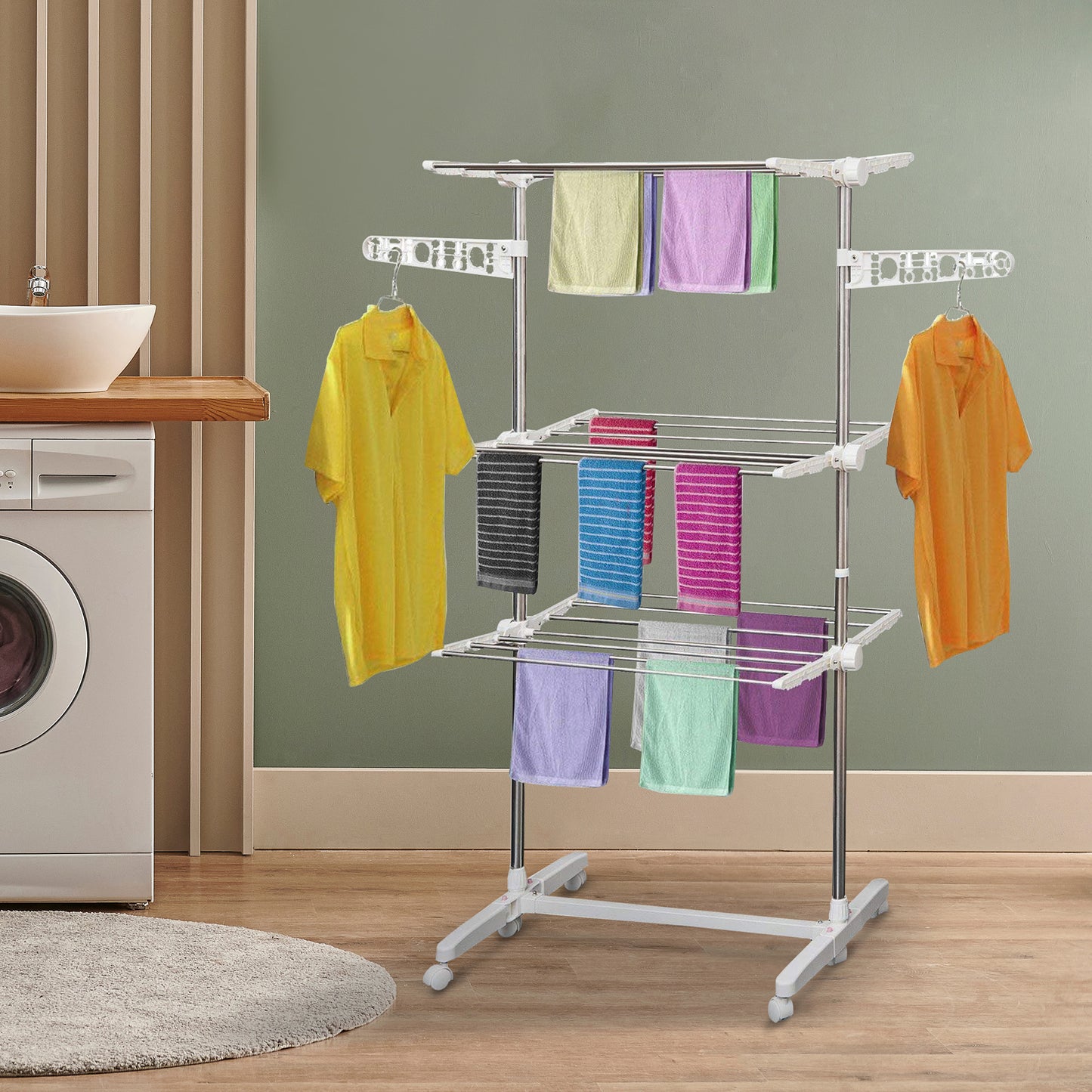 3 Tier Clothes Drying Rack Rolling Laundry Hanger Stand Indoor Outdoor