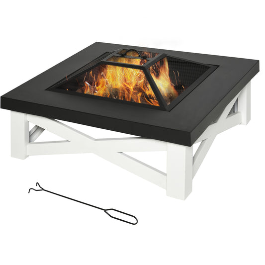 Outsunny 34" Outdoor 3 in 1 Steel Square Fire Pit Square Stove with Spark Screen Cover, Log Grate, Poker, Grill Net for Patio, White & Black