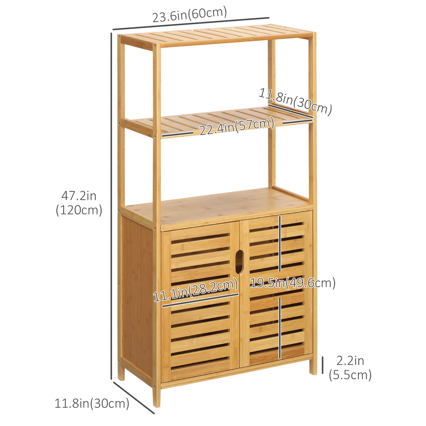 Bathroom Cabinet with 2 Open Shelves and Double-doors Cupboard, Bamboo Freestanding Linen Tower with Slatted Door, Natural