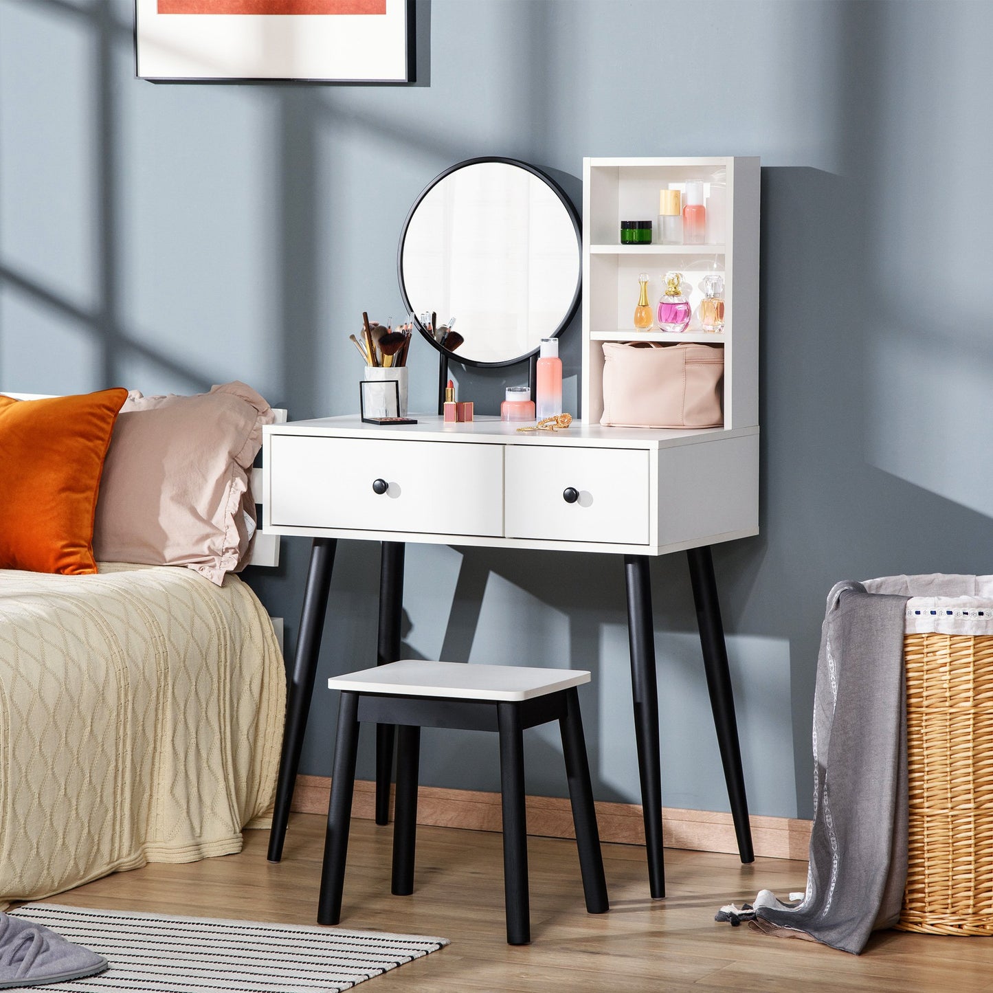 Vanity Set, Makeup Dressing Table Set with Stool, Wood Vanity Desk with Mirror, Storage Drawers and Shelf for Bedroom, White and Black