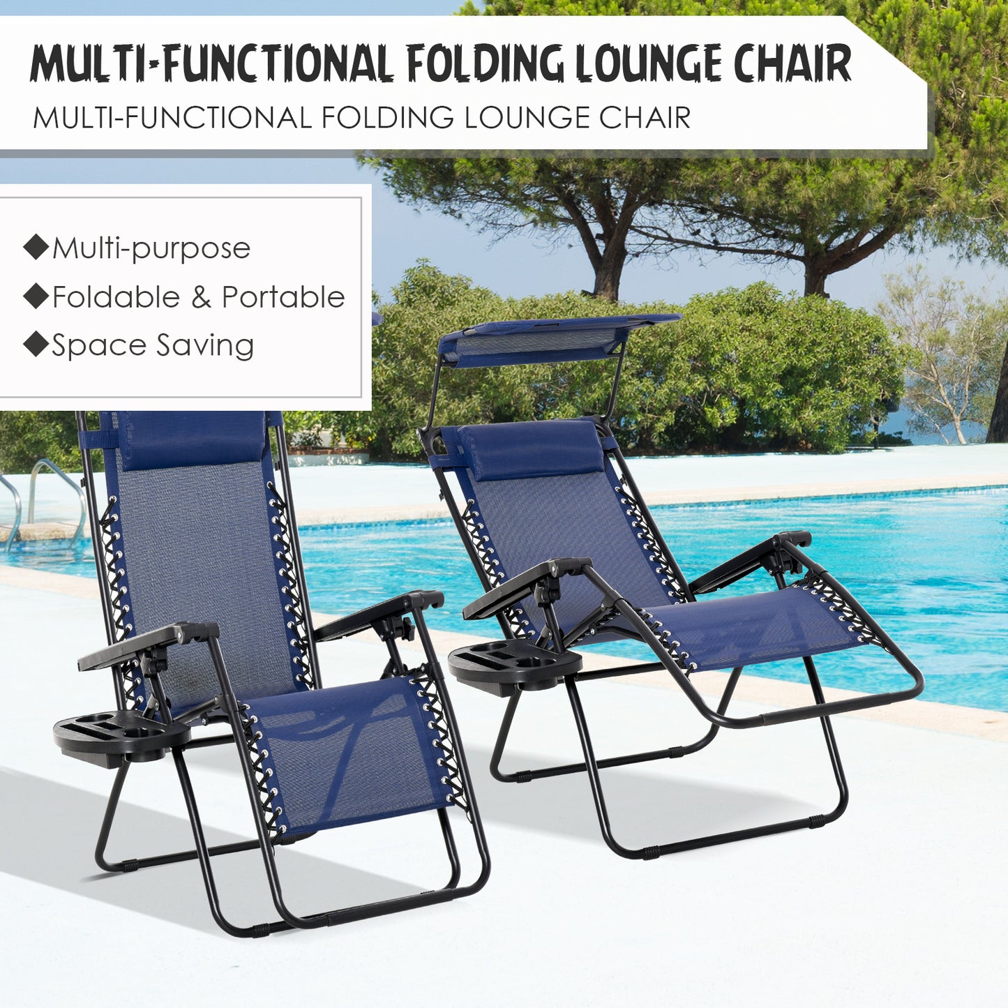 Outsunny 2 piece Zero Gravity Chair Adjustable Patio Lounge Chair Reclining Seat W/ Cup Holder & Canopy Shade