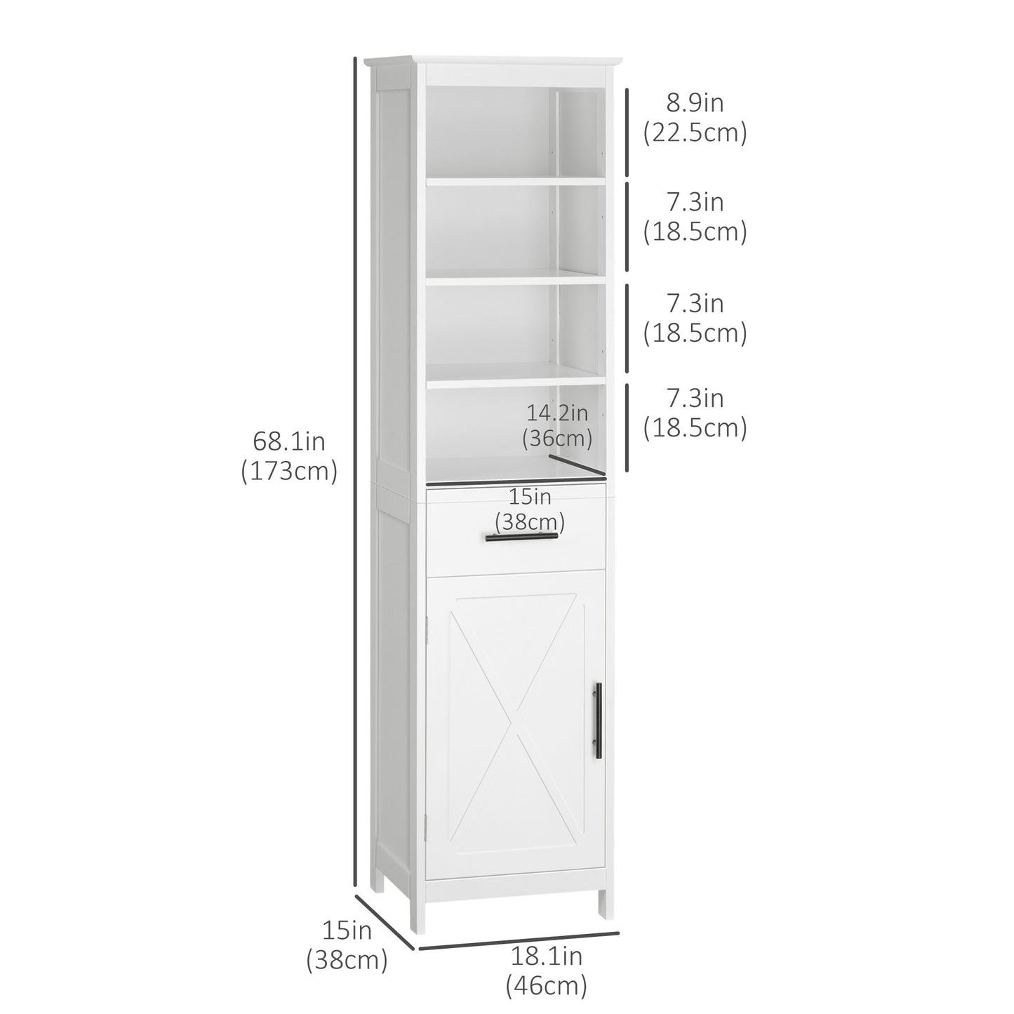 Tall Bathroom Storage Cabinet, Free Standing Bathroom Cabinet Slim Side Organizer w/ 3-Tier Open Shelf, Cupboard, Door, and Drawer, White