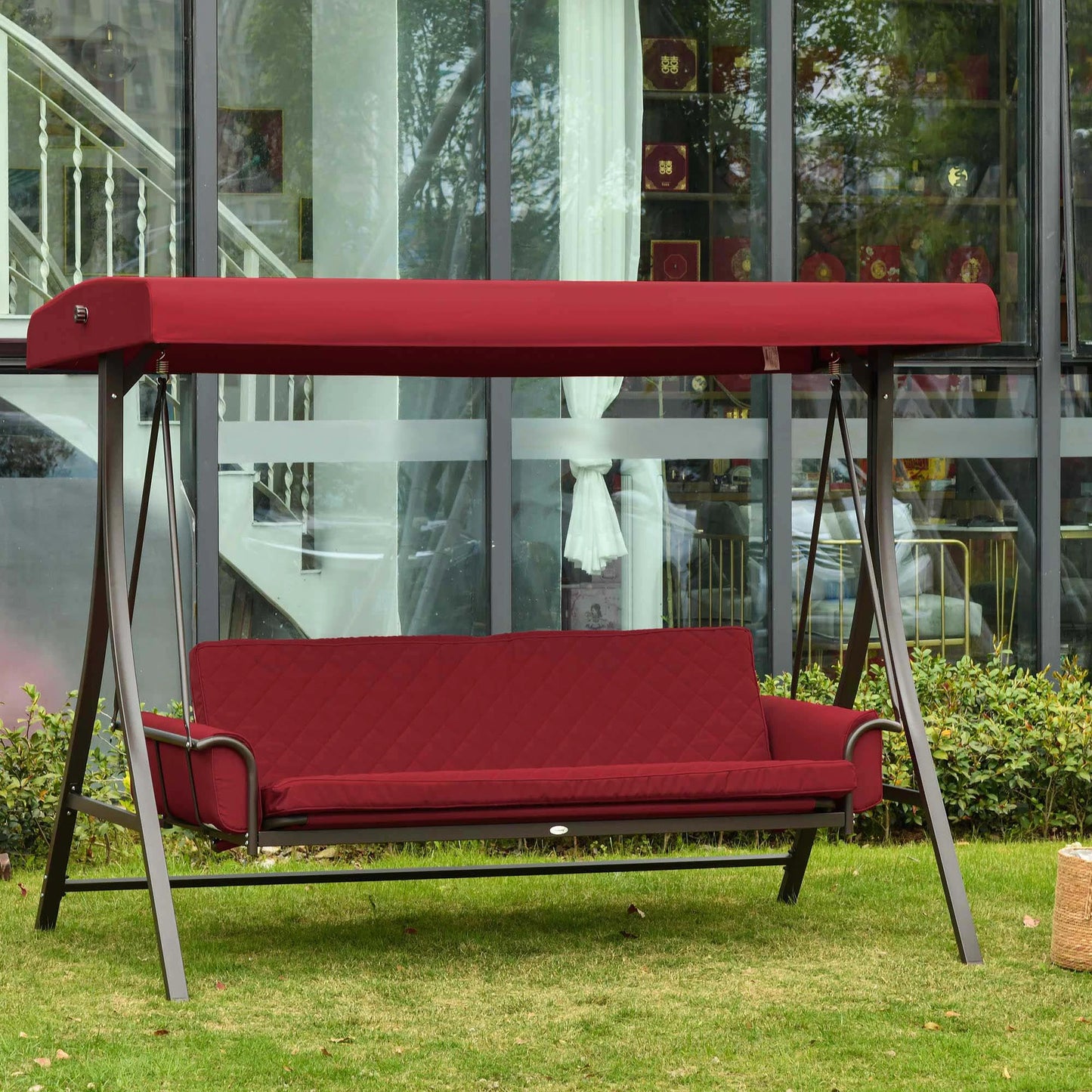 Outsunny 3 Person Patio Swing Chair Bench Hammock Outdoor with Convertible Canopy, Cushion, Pillows for Porch Backyard Garden, Red