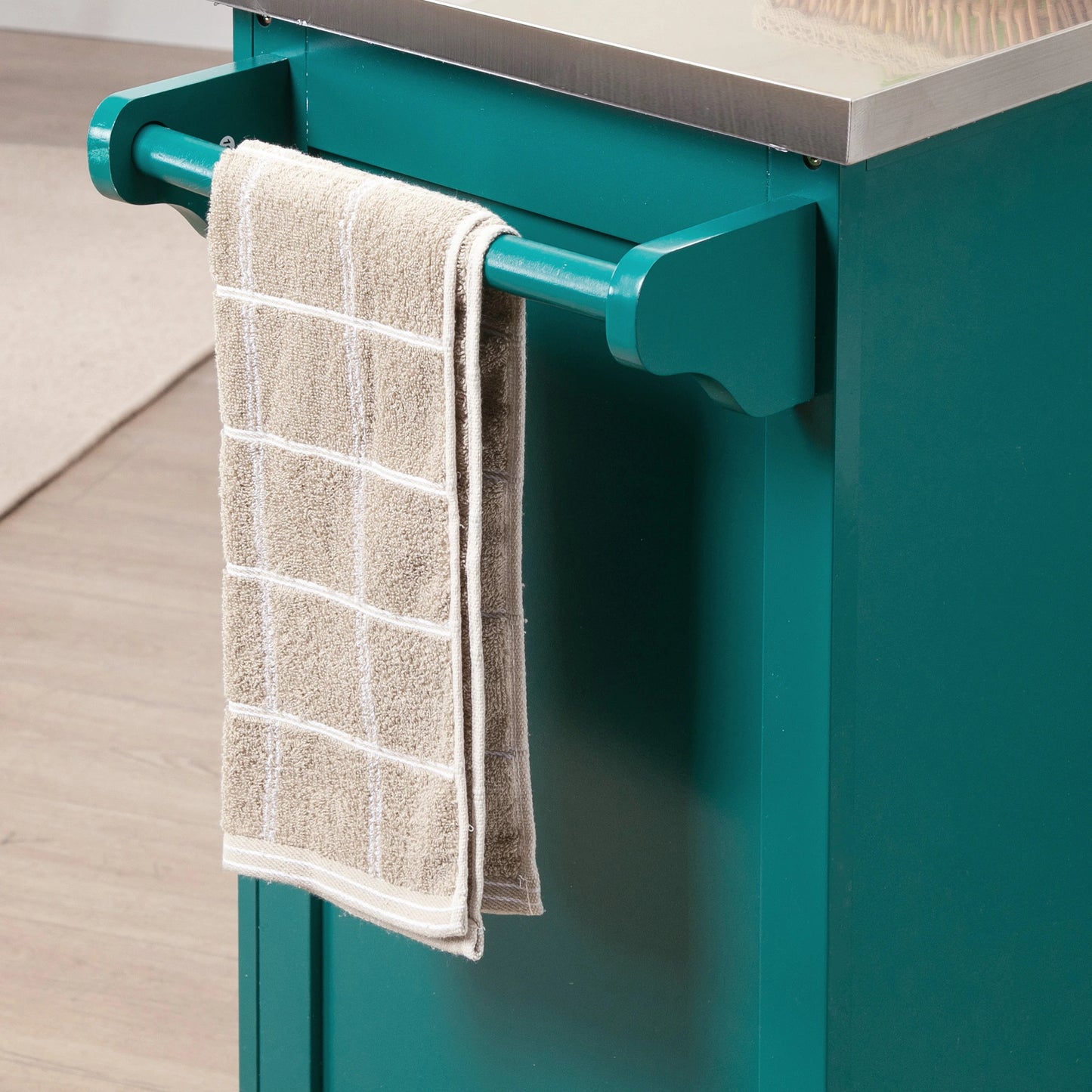 Rolling Kitchen Island Storage Cart, Kitchen Cabinet with Stainless Steel Top, Glass Door & Drawers for Kitchen, Green