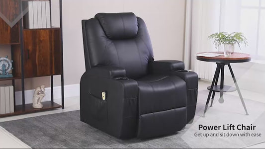 Power Lift Chair for Elderly, PU Leather Recliner Sofa Chair with Footrest, Remote Control, Side Pockets and Cup Holders, Black